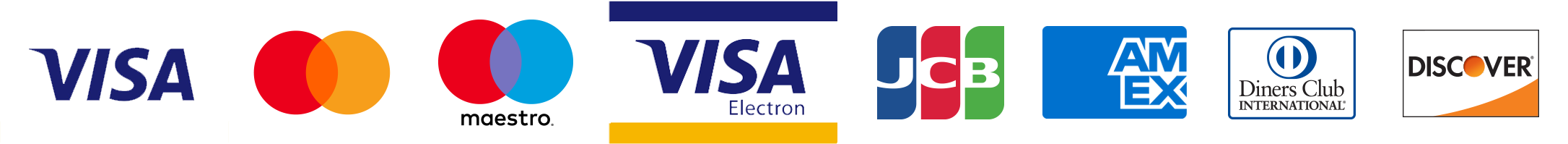 Visa, Mastercard, Maestro, Visa Electron, JCB, American Express, Diners Club and Discover