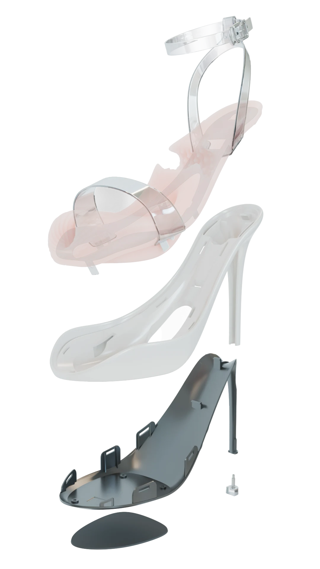 Exploded view of the SolesFantasy reinforced body, silicone insole, outsole pad, and supporting parts