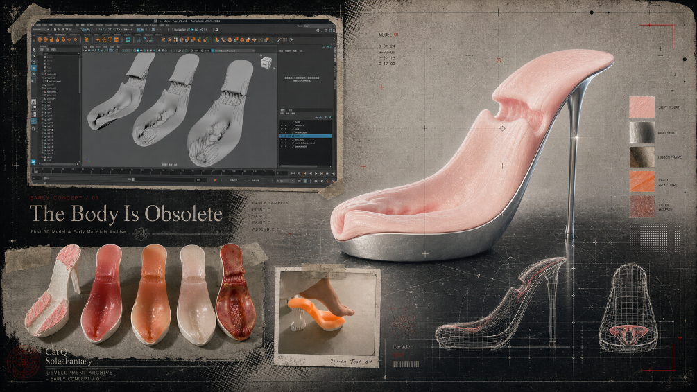 Early SolesFantasy modelling studies, colour tests, and a pink heel render
