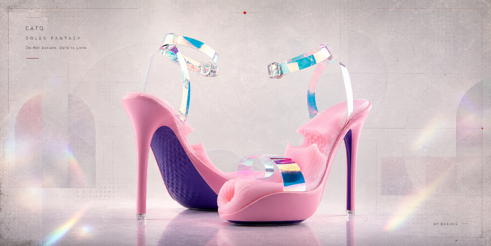 Two finished SolesFantasy My Darling heels in a soft prismatic studio setting