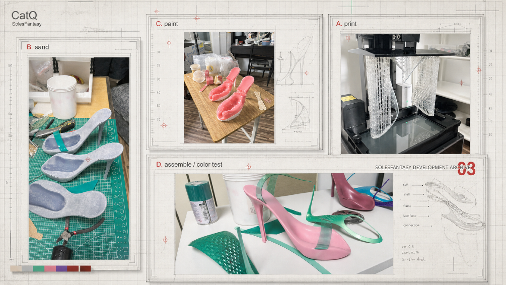 SolesFantasy hand-finishing, 3D printing, sanding, painting, and colour testing process