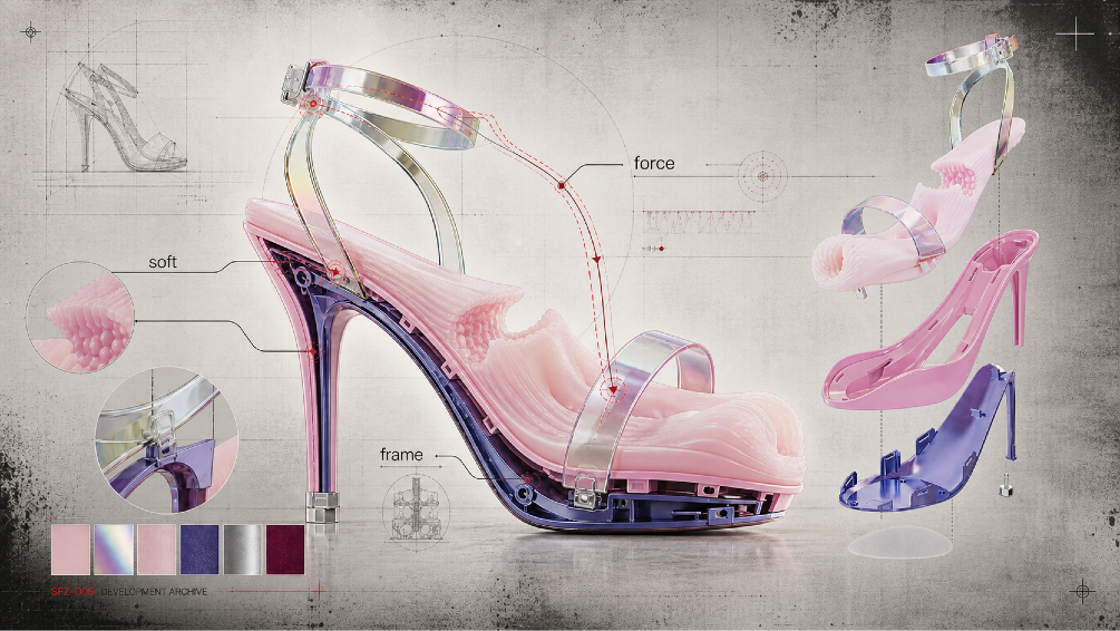 Exploded SolesFantasy construction diagram showing the soft insole and supporting frame