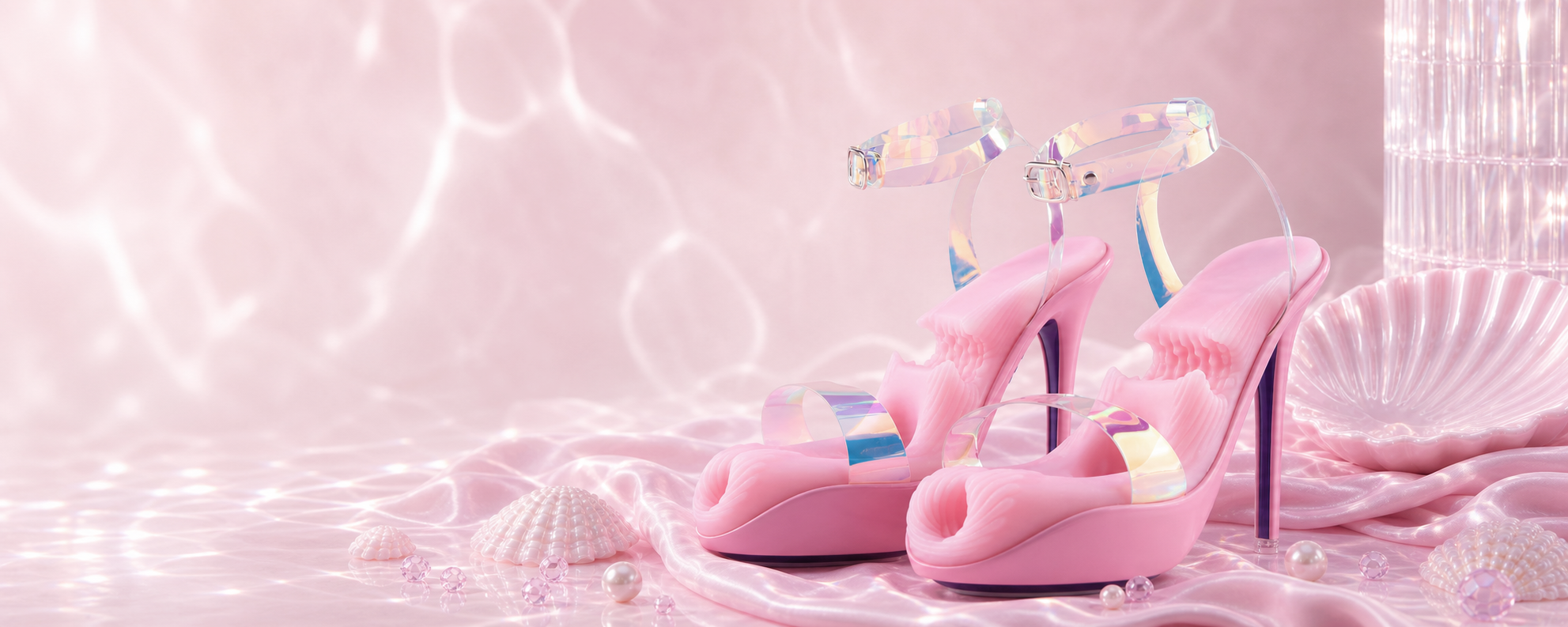 A pair of blush-pink SolesFantasy heels with iridescent straps in a pearl-pink dreamscape