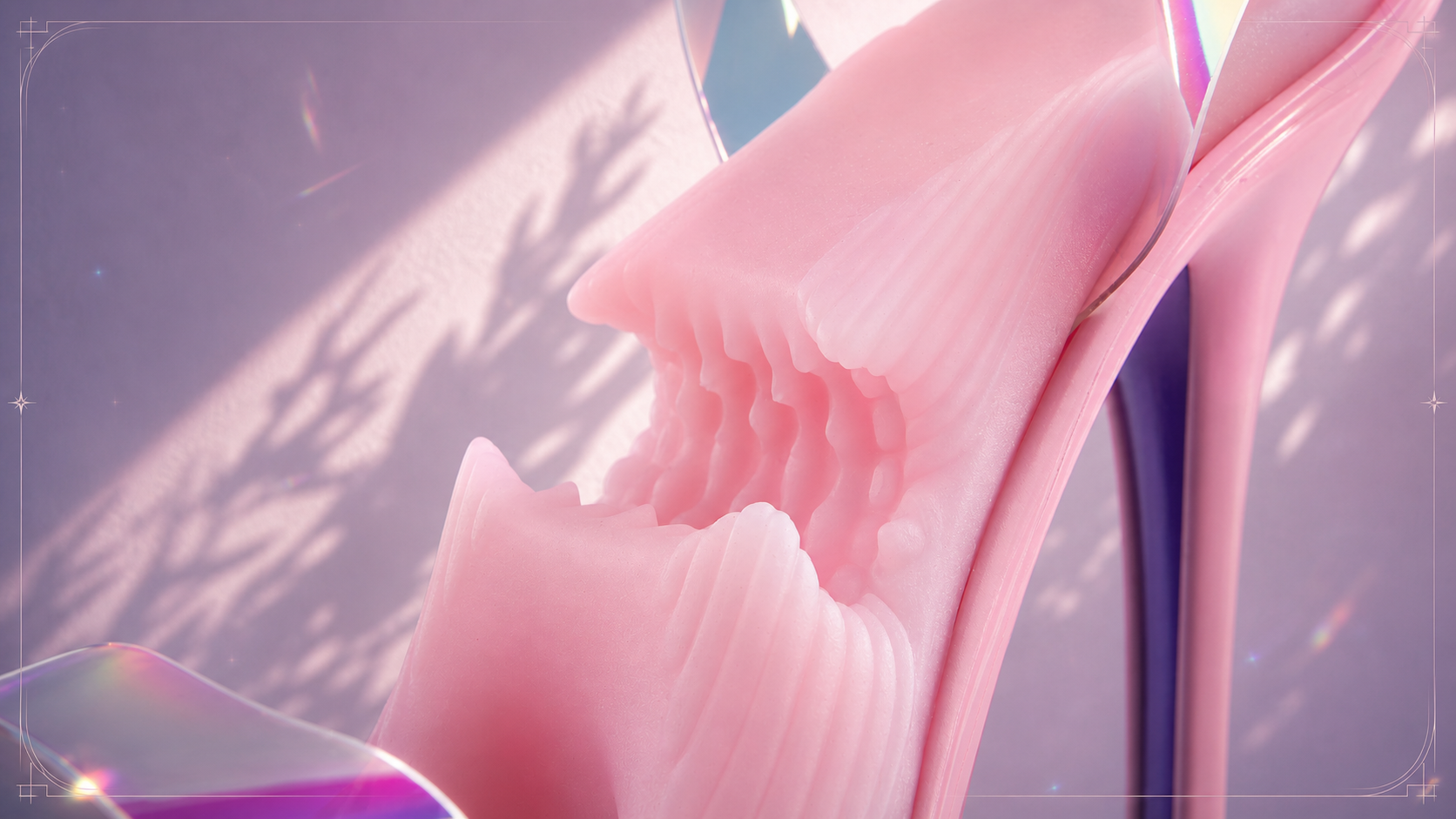 Close oblique view of SolesFantasy’s blush-pink semi-open arch channel beneath the heel